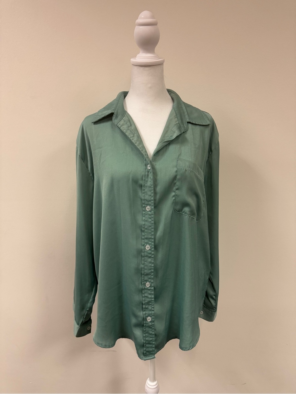 Satin Button-Front Blouse in Sage Green